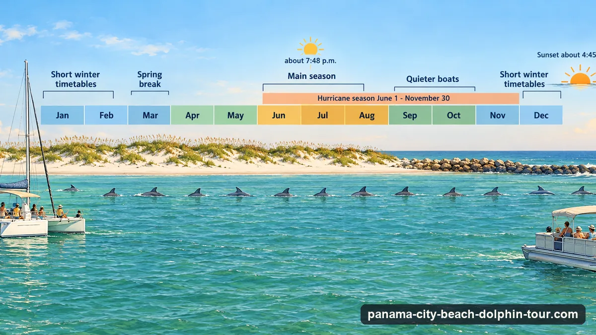Illustrated calendar of a Panama City Beach dolphin-tour year: spring break in March, the summer season from late May with the most departures, hurricane season from June 1 to November 30, quieter boats in autumn, and short winter timetables with early sunsets