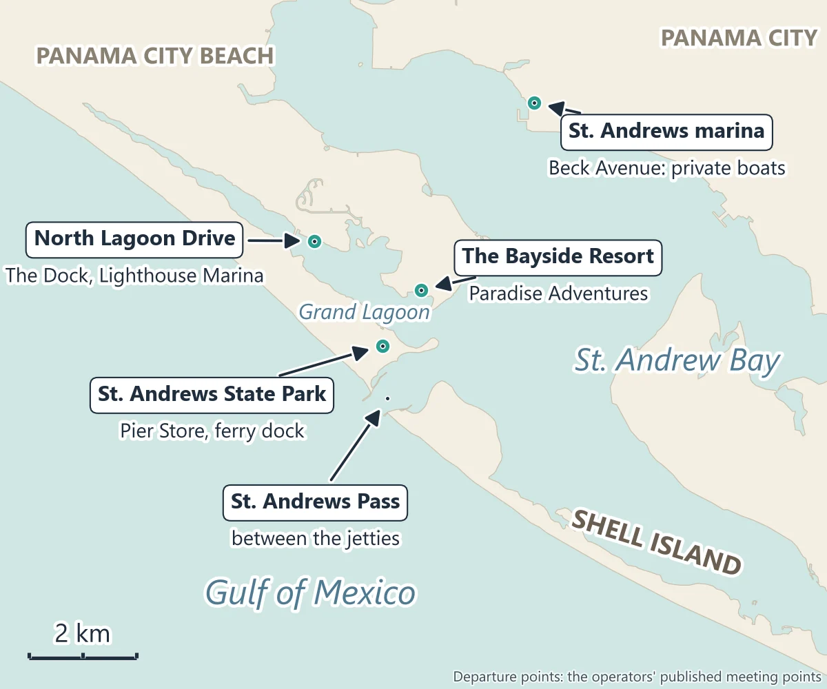 Map of Panama City Beach and St. Andrews Bay: Grand Lagoon with The Dock and the Lighthouse Marina on North Lagoon Drive and The Bayside Resort, St. Andrews State Park and its ferry dock, St. Andrews Pass between the jetties, Shell Island across the pass, the Gulf of Mexico to the south, and the St. Andrews marina on Beck Avenue across the bay in Panama City
