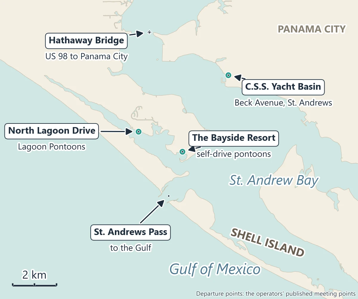 Map of St. Andrew Bay: C.S.S. Yacht Basin on Beck Avenue in St. Andrews, Panama City, the Hathaway Bridge carrying US 98 to the west, North Lagoon Drive and The Bayside Resort on Grand Lagoon on the Panama City Beach side, and St. Andrews Pass and Shell Island to the south