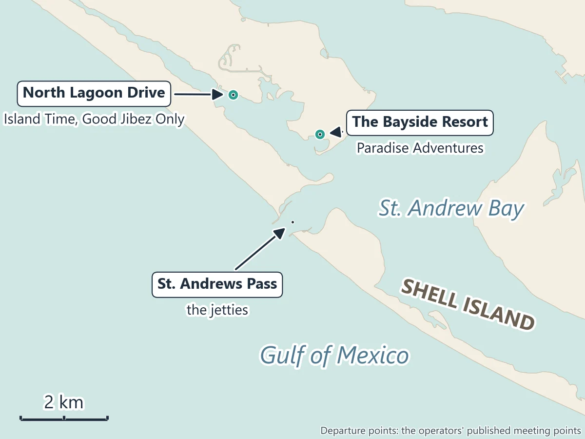 Map of St. Andrews Pass and Shell Island: the marinas on North Lagoon Drive and The Bayside Resort on Grand Lagoon, St. Andrews Pass between the jetties, and Shell Island stretching east between St. Andrew Bay and the Gulf of Mexico