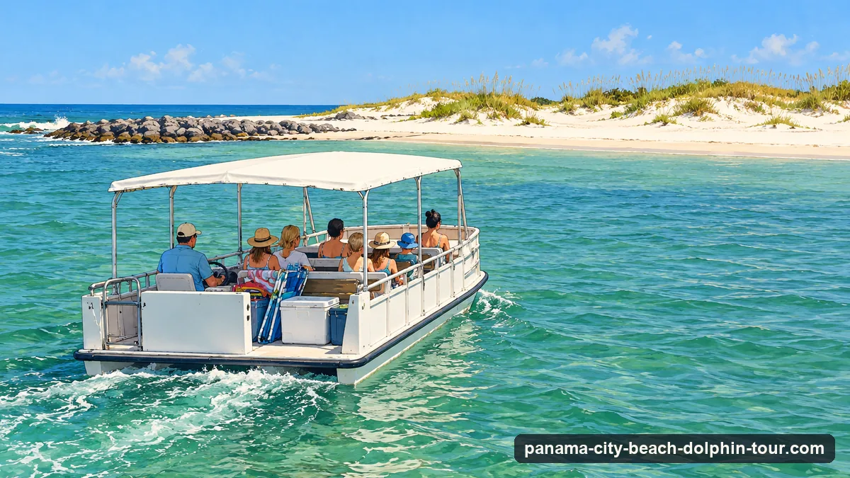 Illustration: a small open passenger ferry with a canopy crossing calm green water toward a low white-sand barrier island with dunes and sea oats, a few beachgoers with umbrellas and coolers on board