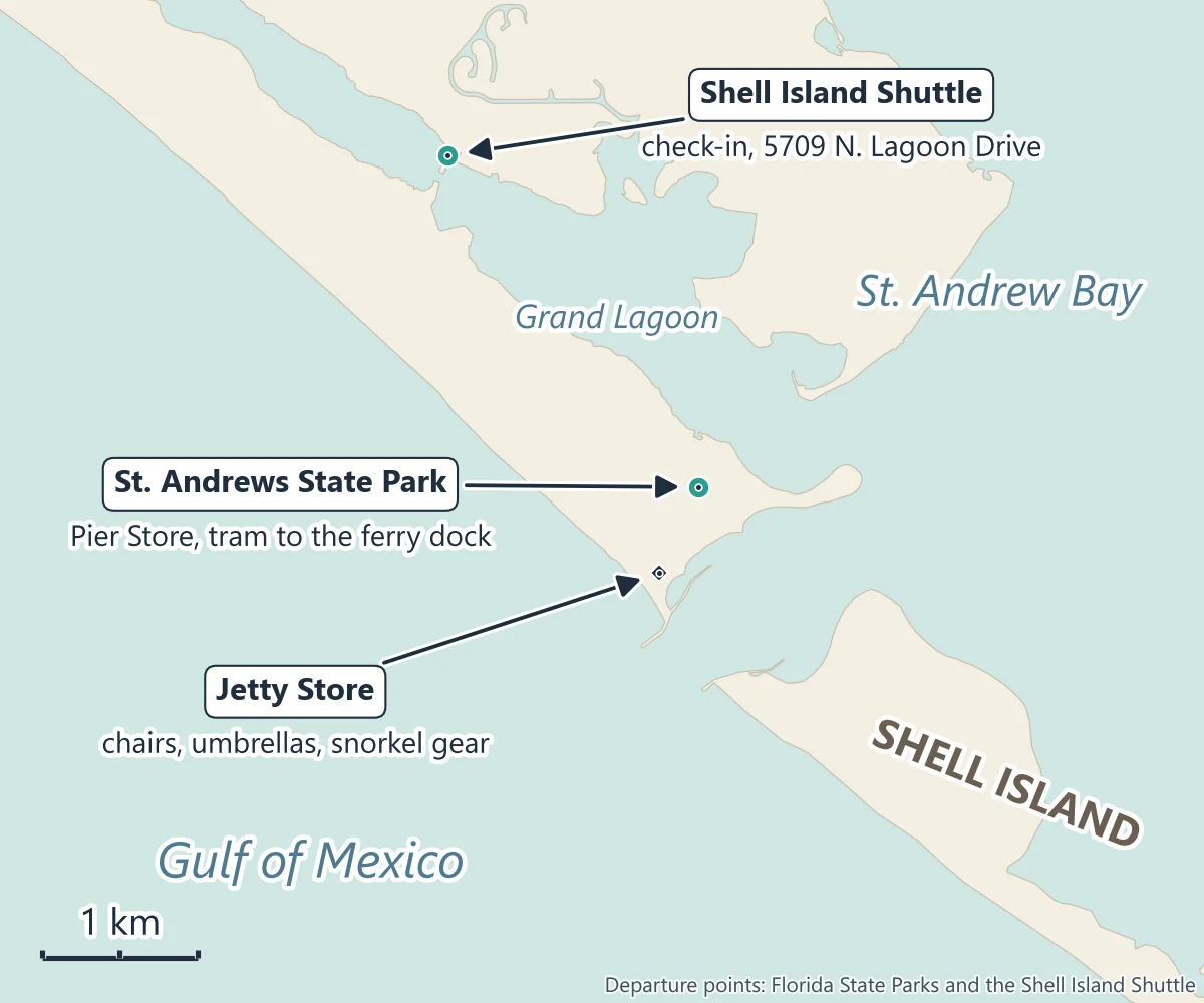 Map of St. Andrews Pass: St. Andrews State Park on the west side with the Pier Store, the Jetty Store and the ferry dock, the jetties at the pass, Shell Island across the pass to the east, and the Shell Island Shuttle check-in at 5709 North Lagoon Drive on Grand Lagoon to the north