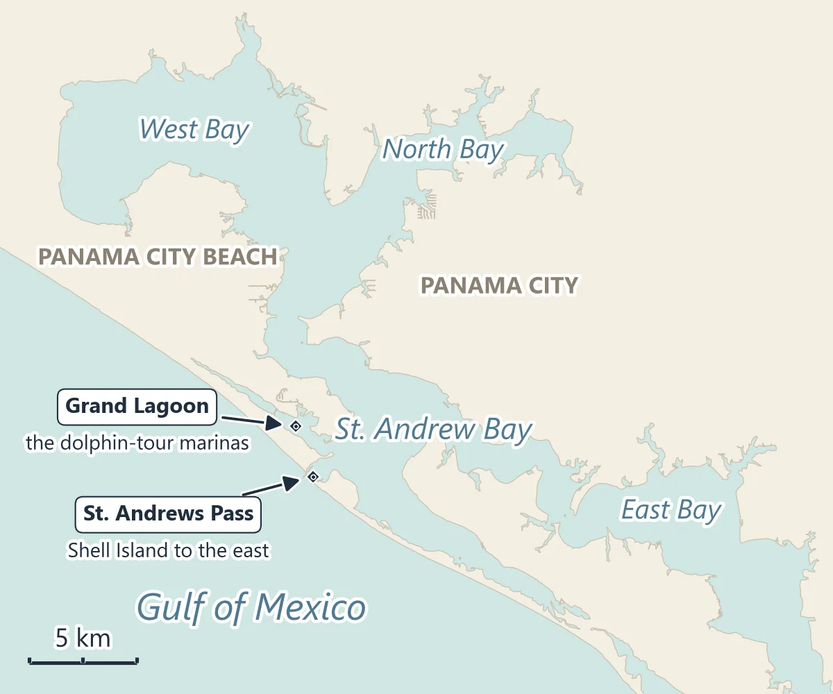 Map of the St. Andrew Bay system around Panama City: St. Andrew Bay, West Bay, North Bay and East Bay, Grand Lagoon, St. Andrews Pass between the jetties, Shell Island and the Gulf of Mexico