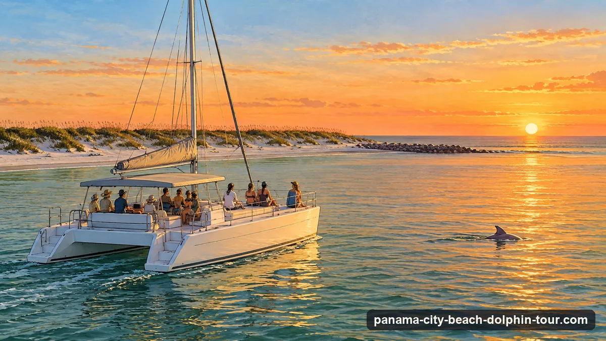 Illustration: a sailing catamaran on calm water in the evening, the sun low over the Gulf horizon, a dolphin's dorsal fin breaking the surface at a distance from the boat, the low dunes of a barrier island to one side
