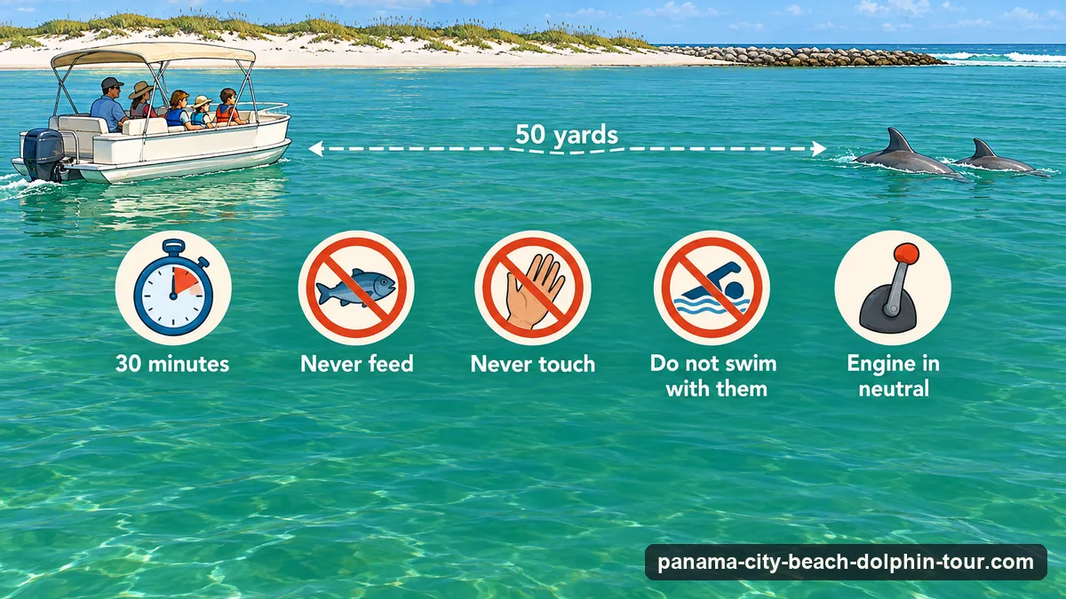 Infographic of the wild-dolphin guidance: keep at least 50 yards away, watch for no more than 30 minutes, never feed, never swim with or touch, put the engine in neutral when dolphins are near